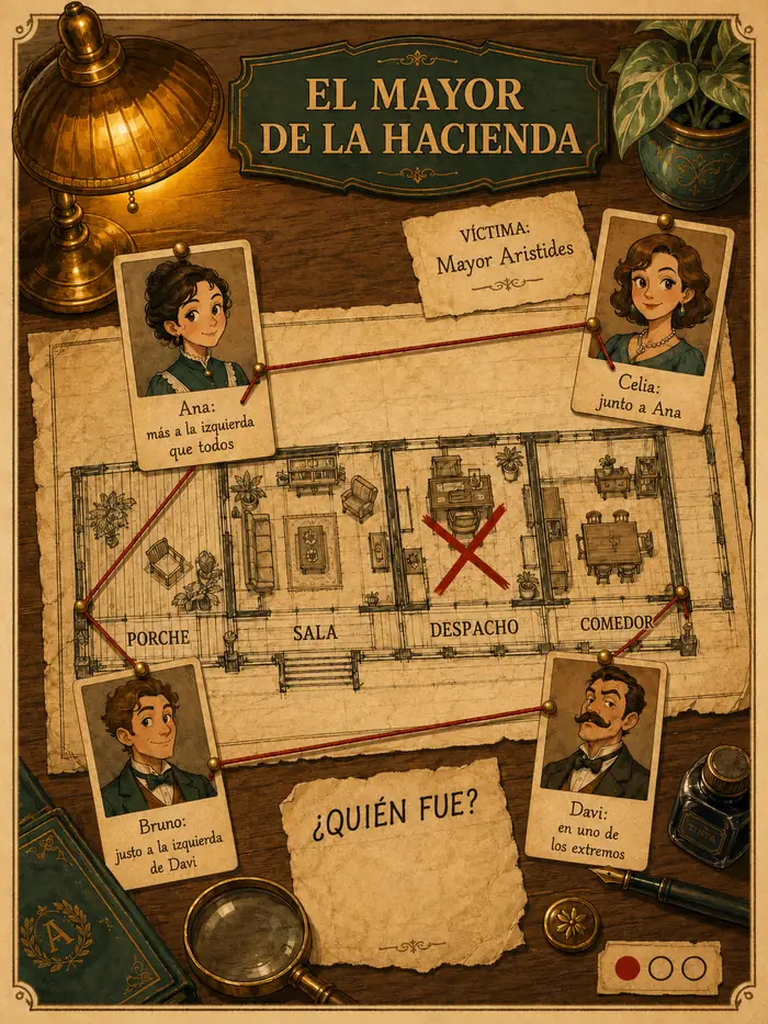 Página del caso El Mayor de la Hacienda: plano de cuatro ambientes, cuatro tarjetas de sospechoso sujetas con tachuelas y un hilo rojo
